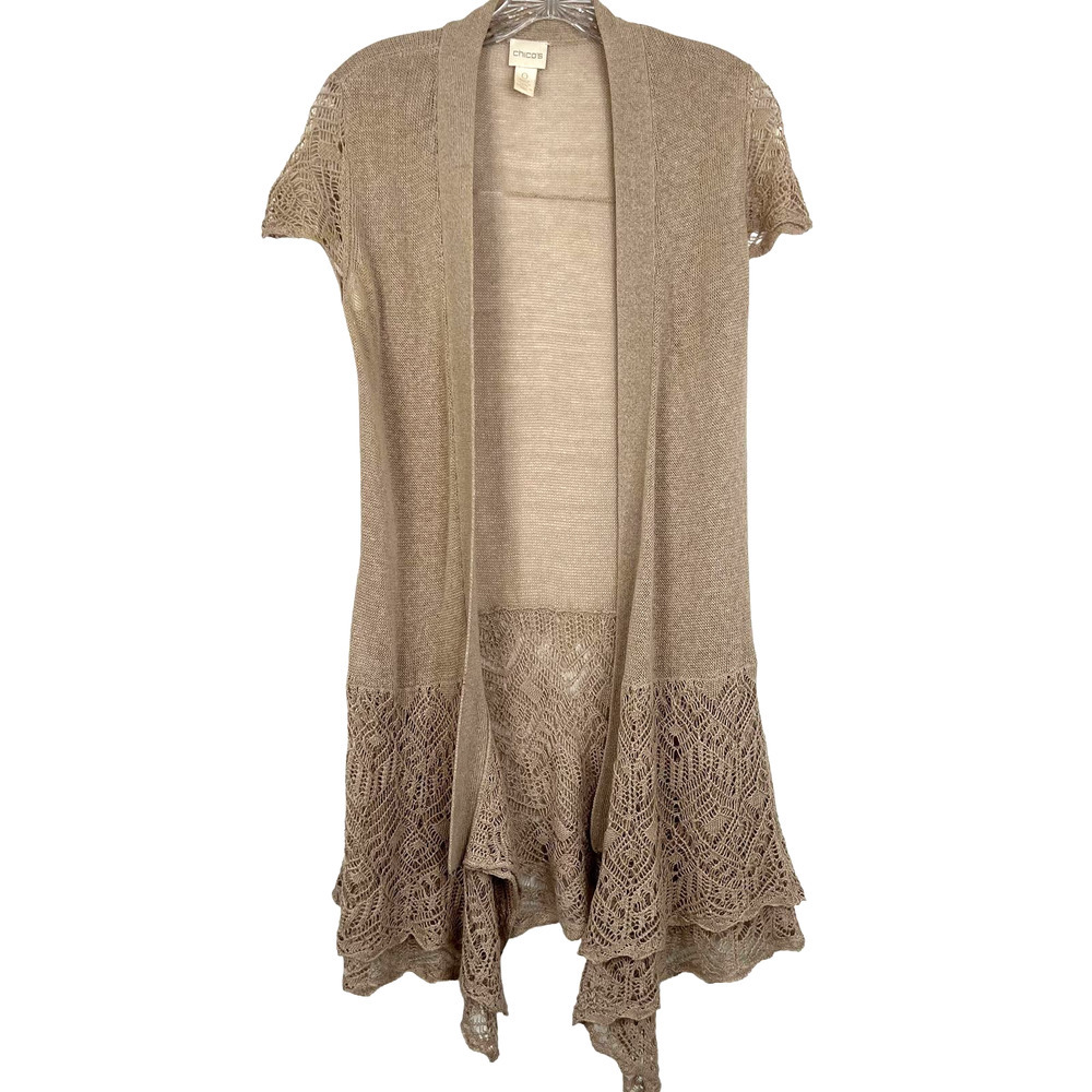 Chico's Women's Tan Open Front Cardigan Open Knit / Crochet Layered Hem Size 0